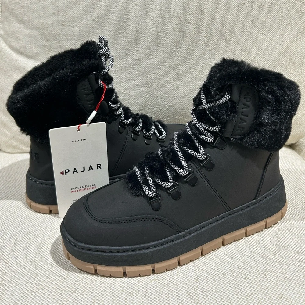 Pajar Chalet Black Faux Fur Waterproof Winter Snow Boots Women's Size 7 NWT